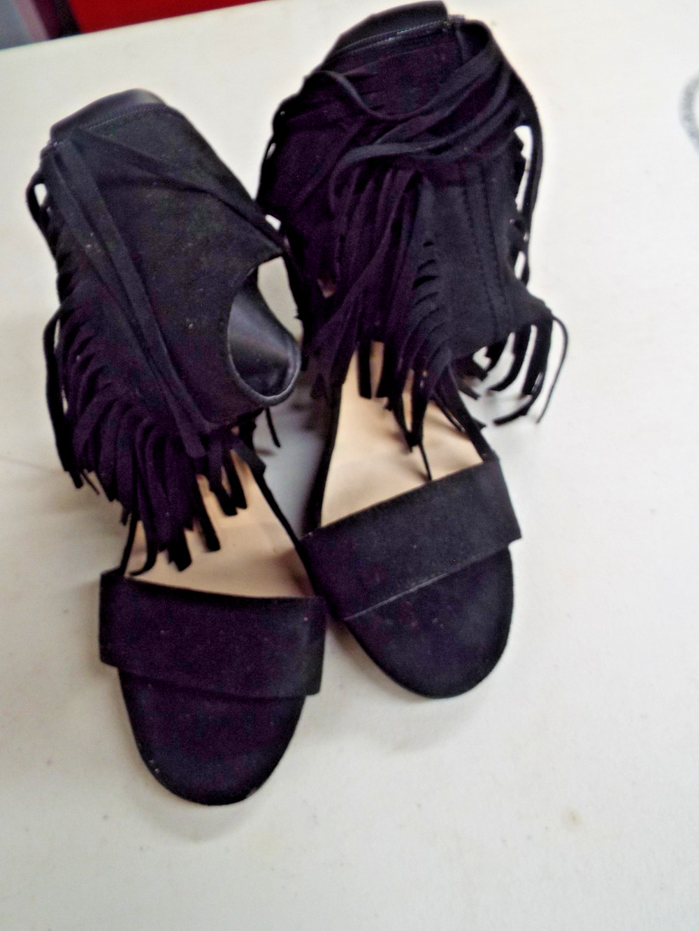 GC faux Black suede Tassle/Fringed Open toe open 3.5 heel Sante Fe Sz 8.5